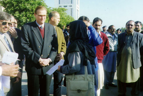 Gathering in front of the United Nations Headquarters in Islamabad, a member of RAWA, handed over a memorandum to Mr Richard Dictus Operation Director of UNDP in Islamabad.