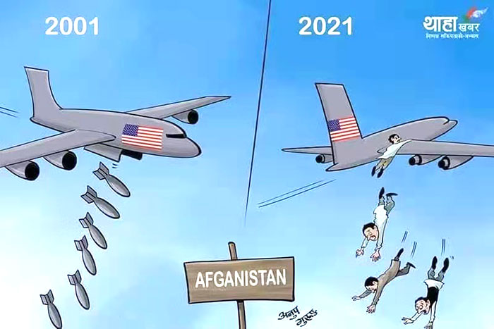 Cartoon USA troops exit from Afghanistan