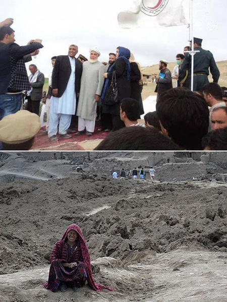Officials who posed for a photo with smiling faces on a red carpet spot near the mass grave for victims of a massive mudslide in Badakhshan province