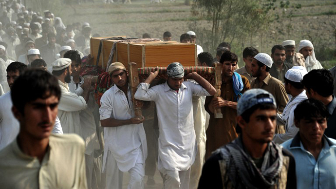 Afghan men carry the coffin of a civilian, allegedly killed in a NATO air strike, on the outskirts of Jalalabad in Nangarhar province