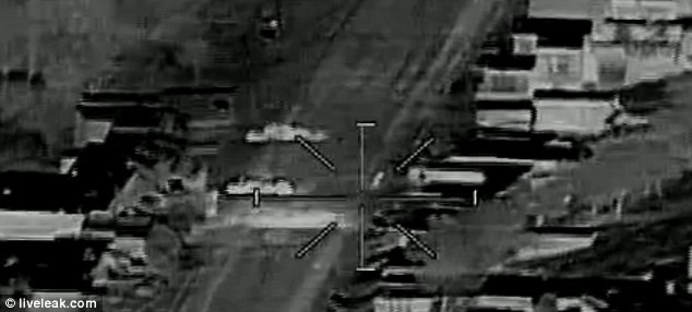 The pilot uses his helicopter's machine gun to try to kill two people who walked into the road