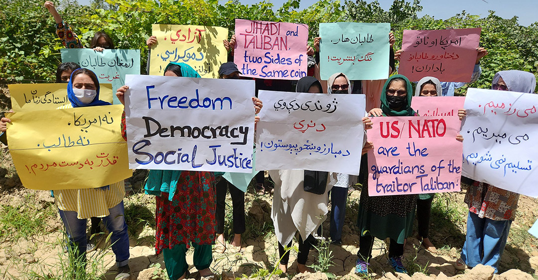 Women protesters chanting slogans against Taliban in Kabul